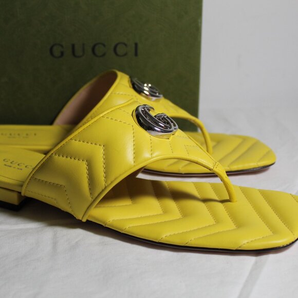 NWB Gucci GG Marmont Acid Lime Yellow Flats Thong Sandals Leather 40 771585 - Picture 2 of 6
